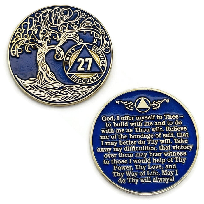 27 Year Sobriety Mint Twisted Tree of Life Gold Plated AA Recovery Medallion - Twenty Seven Year Chip/Coin - Blue + Velvet Box