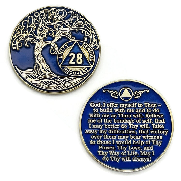 28 Year Sobriety Mint Twisted Tree of Life Gold Plated AA Recovery Medallion - Twenty Eight Year Chip/Coin - Blue + Velvet Box