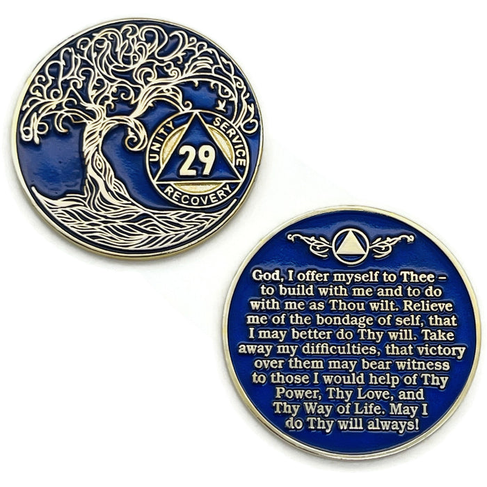 29 Year Sobriety Mint Twisted Tree of Life Gold Plated AA Recovery Medallion - Twenty Nine Year Chip/Coin - Blue + Velvet Box