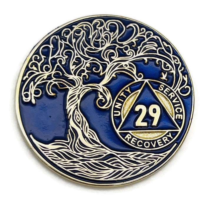29 Year Sobriety Mint Twisted Tree of Life Gold Plated AA Recovery Medallion - Twenty Nine Year Chip/Coin - Blue + Velvet Box