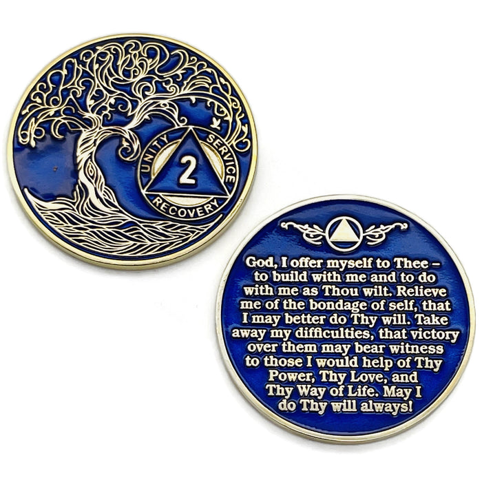 2 Year Sobriety Mint Twisted Tree of Life Gold Plated AA Recovery Medallion - Two Year Chip/Coin - Blue + Velvet Box
