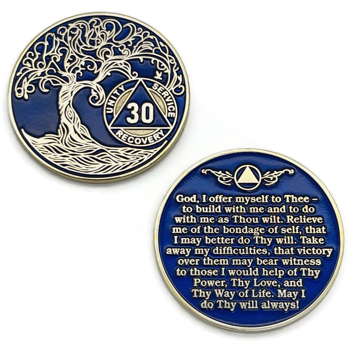 30 Year Sobriety Mint Twisted Tree of Life Gold Plated AA Recovery Medallion - Thirty Year Chip/Coin - Blue + Velvet Box