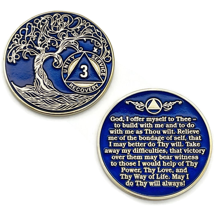 3 Year Sobriety Mint Twisted Tree of Life Gold Plated AA Recovery Medallion - Three Year Chip/Coin - Blue + Velvet Box