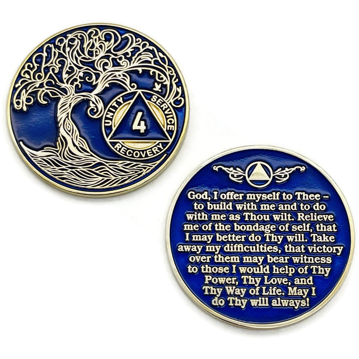 4 Year Sobriety Mint Twisted Tree of Life Gold Plated AA Recovery Medallion - Four Year Chip/Coin - Blue + Velvet Box