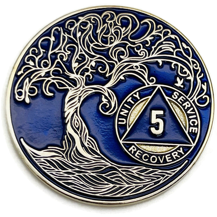 5 Year Sobriety Mint Twisted Tree of Life Gold Plated AA Recovery Medallion - Five Year Chip/Coin - Blue + Velvet Box