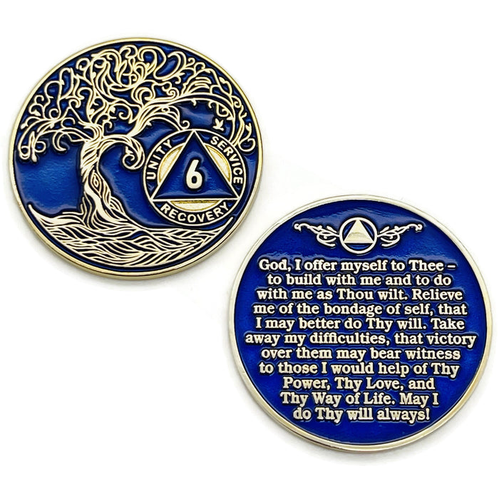 6 Year Sobriety Mint Twisted Tree of Life Gold Plated AA Recovery Medallion - Six Year Chip/Coin - Blue + Velvet Box