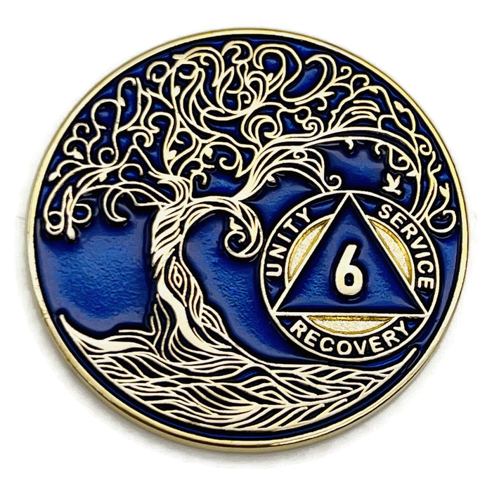 6 Year Sobriety Mint Twisted Tree of Life Gold Plated AA Recovery Medallion - Six Year Chip/Coin - Blue + Velvet Box