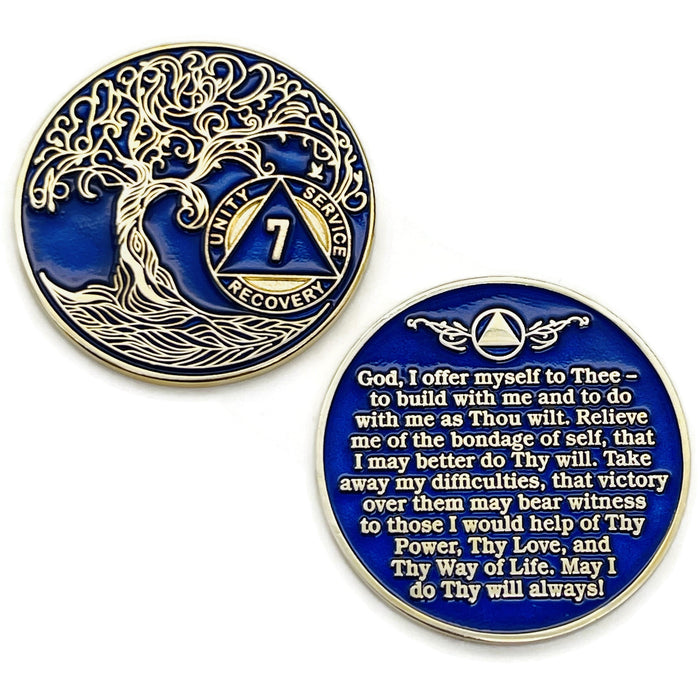 7 Year Sobriety Mint Twisted Tree of Life Gold Plated AA Recovery Medallion - Seven Year Chip/Coin - Blue + Velvet Box
