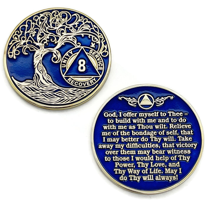 8 Year Sobriety Mint Twisted Tree of Life Gold Plated AA Recovery Medallion - Eight Year Chip/Coin - Blue + Velvet Box