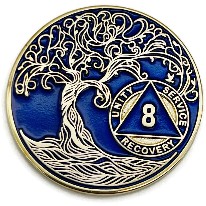 8 Year Sobriety Mint Twisted Tree of Life Gold Plated AA Recovery Medallion - Eight Year Chip/Coin - Blue + Velvet Box
