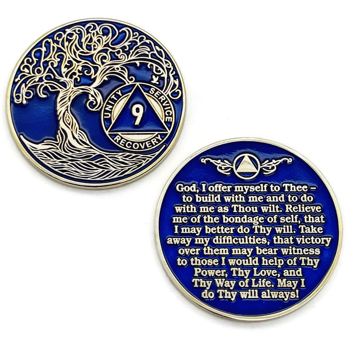 9 Year Sobriety Mint Twisted Tree of Life Gold Plated AA Recovery Medallion - Nine Year Chip/Coin - Blue + Velvet Box