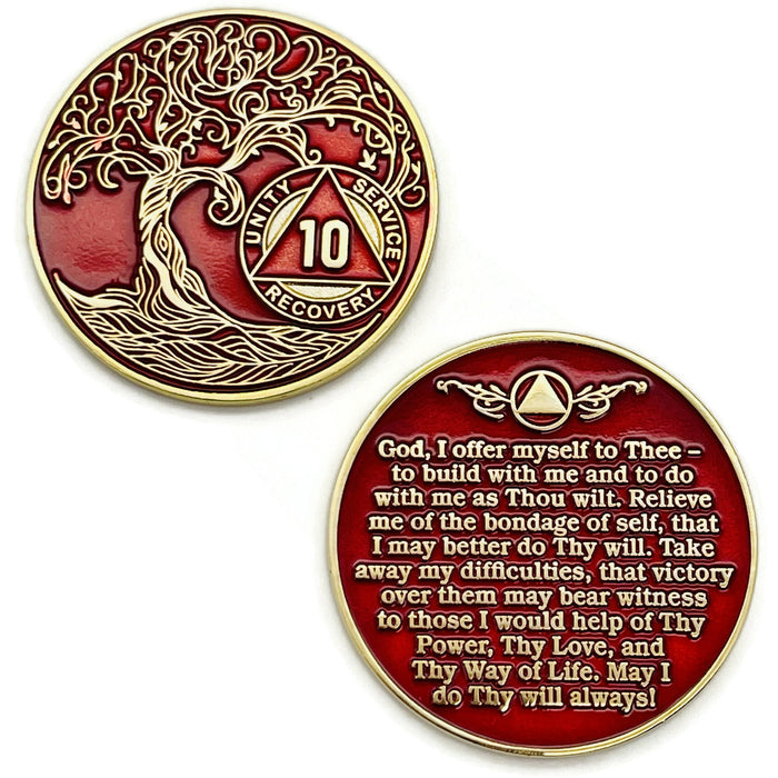 10 Year Sobriety Mint Twisted Tree of Life Gold Plated AA Recovery Medallion - Ten Year Chip/Coin - Red + Velvet Box