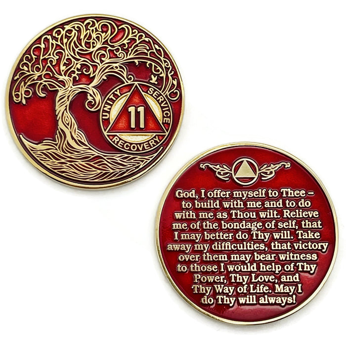 11 Year Sobriety Mint Twisted Tree of Life Gold Plated AA Recovery Medallion - Eleven Year Chip/Coin - Red + Velvet Box