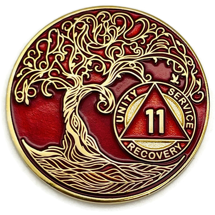 11 Year Sobriety Mint Twisted Tree of Life Gold Plated AA Recovery Medallion - Eleven Year Chip/Coin - Red + Velvet Box