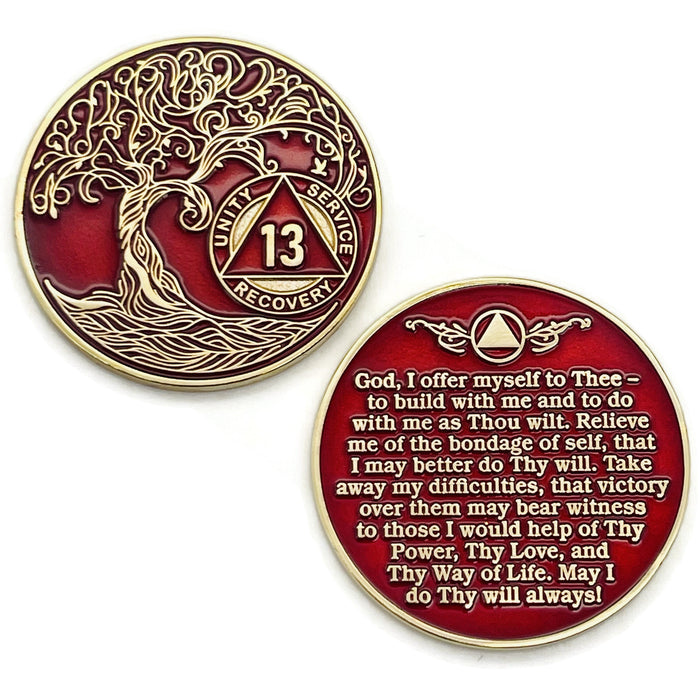 13 Year Sobriety Mint Twisted Tree of Life Gold Plated AA Recovery Medallion - Thirteen Year Chip/Coin - Red + Velvet Box