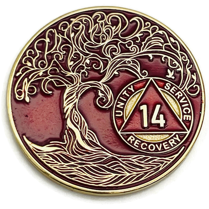 14 Year Sobriety Mint Twisted Tree of Life Gold Plated AA Recovery Medallion - Fourteen Year Chip/Coin - Red + Velvet Box