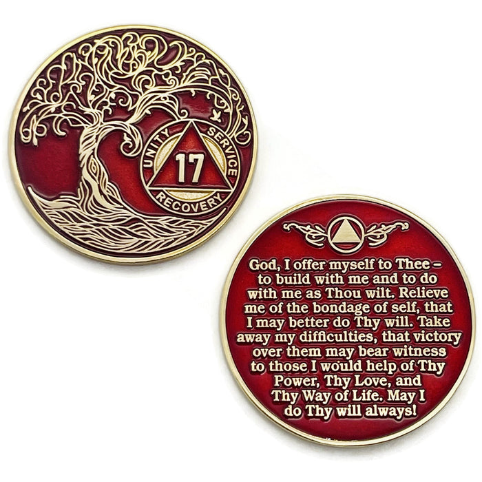 17 Year Sobriety Mint Twisted Tree of Life Gold Plated AA Recovery Medallion - Seventeen Year Chip/Coin - Red + Velvet Box