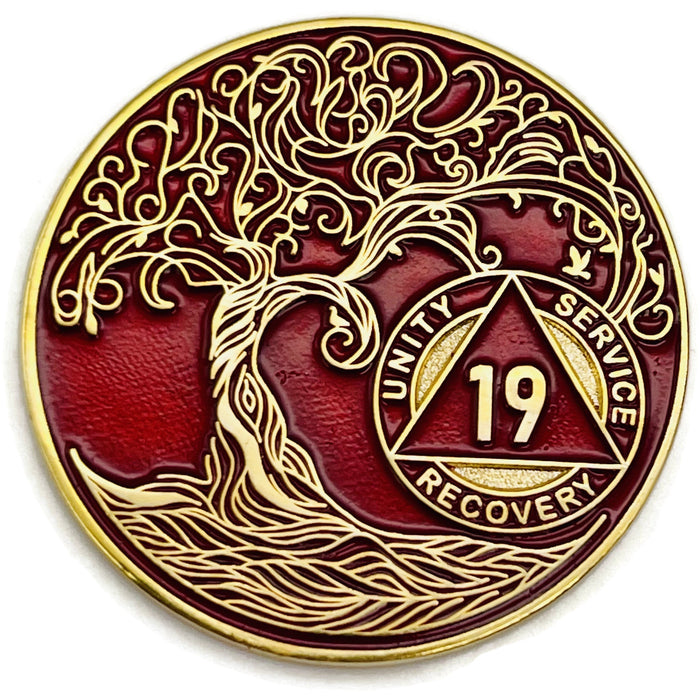 19 Year Sobriety Mint Twisted Tree of Life Gold Plated AA Recovery Medallion - Nineteen Year Chip/Coin - Red + Velvet Box