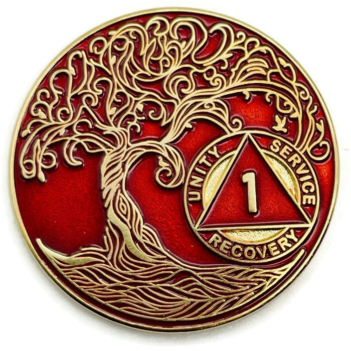 1 Year Sobriety Mint Twisted Tree of Life Gold Plated AA Recovery Medallion - One Year Chip/Coin - Red + Velvet Box