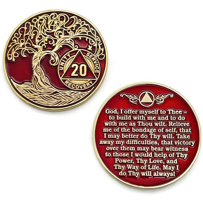 20 Year Sobriety Mint Twisted Tree of Life Gold Plated AA Recovery Medallion - Twenty Year Chip/Coin - Red + Velvet Box