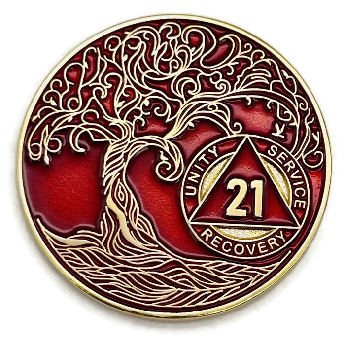 21 Year Sobriety Mint Twisted Tree of Life Gold Plated AA Recovery Medallion - Twenty One Year Chip/Coin - Red + Velvet Box