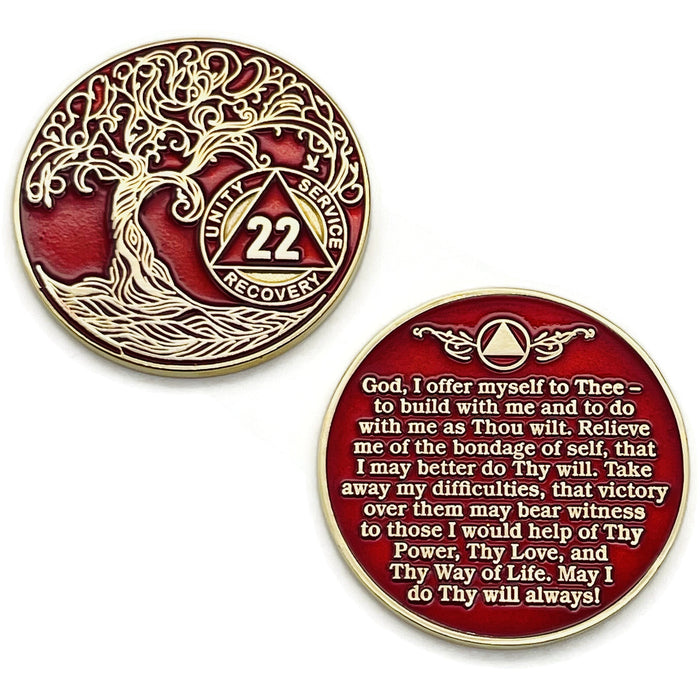 22 Year Sobriety Mint Twisted Tree of Life Gold Plated AA Recovery Medallion - Twenty Two Year Chip/Coin - Red + Velvet Box