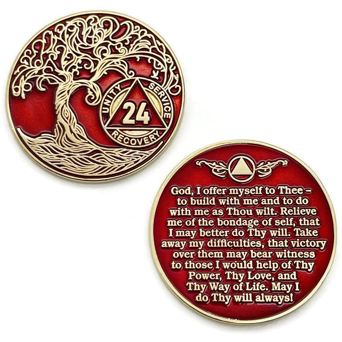 24 Year Sobriety Mint Twisted Tree of Life Gold Plated AA Recovery Medallion - Twenty Four Year Chip/Coin - Red + Velvet Box