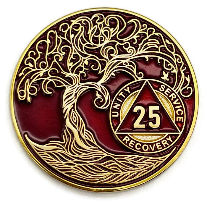 25 Year Sobriety Mint Twisted Tree of Life Gold Plated AA Recovery Medallion - Twenty Five Year Chip/Coin - Red + Velvet Box