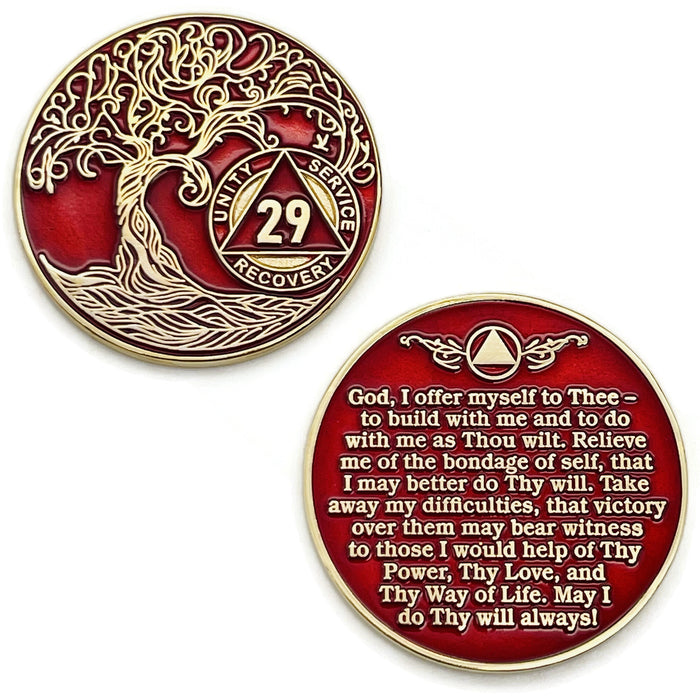 29 Year Sobriety Mint Twisted Tree of Life Gold Plated AA Recovery Medallion - Twenty Nine Year Chip/Coin - Red + Velvet Box