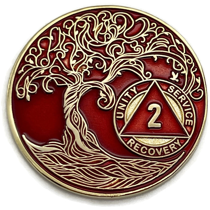 2 Year Sobriety Mint Twisted Tree of Life Gold Plated AA Recovery Medallion - Two Year Chip/Coin - Red + Velvet Box