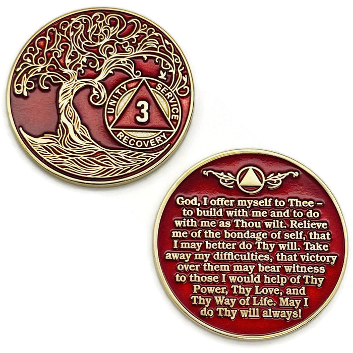 3 Year Sobriety Mint Twisted Tree of Life Gold Plated AA Recovery Medallion - Three Year Chip/Coin - Red + Velvet Box