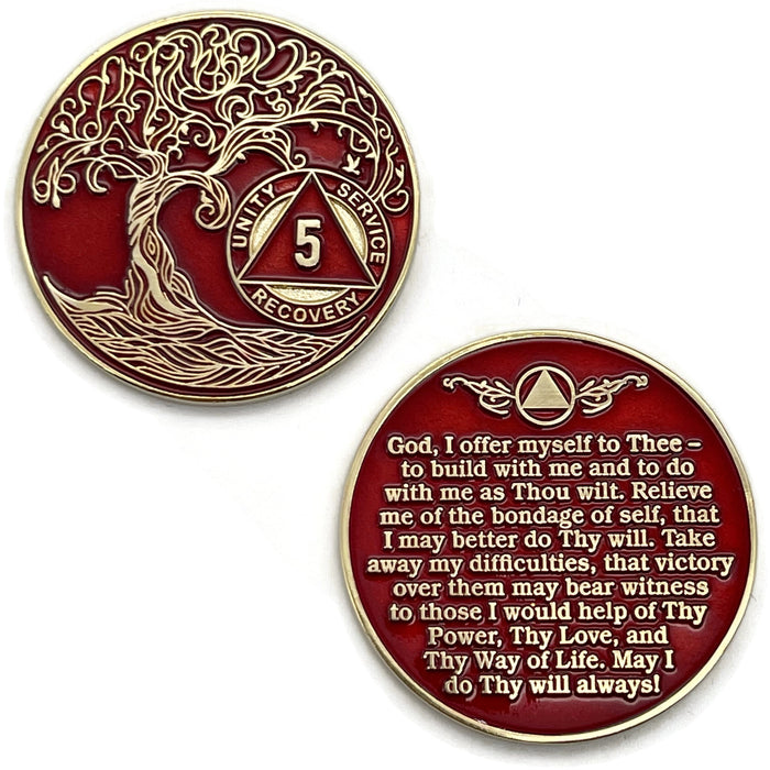 5 Year Sobriety Mint Twisted Tree of Life Gold Plated AA Recovery Medallion - Five Year Chip/Coin - Red + Velvet Box