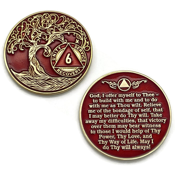 6 Year Sobriety Mint Twisted Tree of Life Gold Plated AA Recovery Medallion - Six Year Chip/Coin - Red + Velvet Box