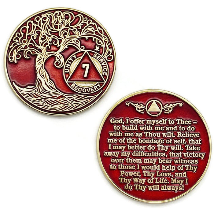 7 Year Sobriety Mint Twisted Tree of Life Gold Plated AA Recovery Medallion - Seven Year Chip/Coin - Red + Velvet Box