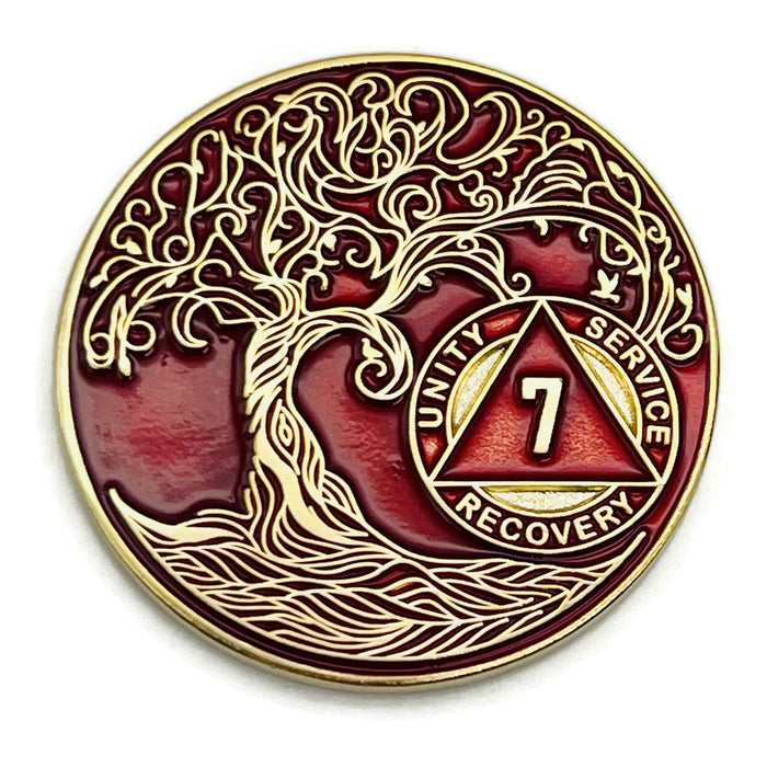 7 Year Sobriety Mint Twisted Tree of Life Gold Plated AA Recovery Medallion - Seven Year Chip/Coin - Red + Velvet Box