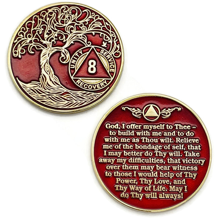 8 Year Sobriety Mint Twisted Tree of Life Gold Plated AA Recovery Medallion - Eight Year Chip/Coin - Red + Velvet Box