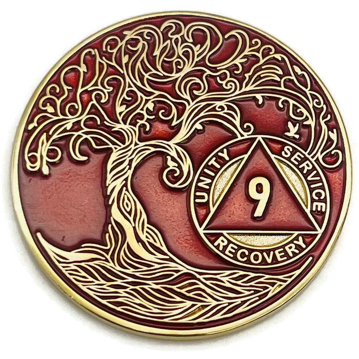 9 Year Sobriety Mint Twisted Tree of Life Gold Plated AA Recovery Medallion - Nine Year Chip/Coin - Red + Velvet Box