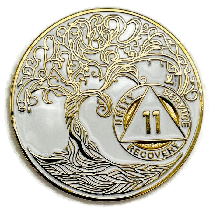 11 Year Sobriety Mint Twisted Tree of Life Gold Plated AA Recovery Medallion - Eleven Year Chip/Coin - White + Velvet Case