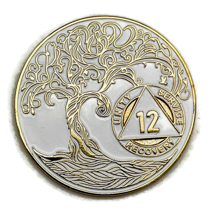 12 Year Sobriety Mint Twisted Tree of Life Gold Plated AA Recovery Medallion - Twelve Year Chip/Coin - White + Velvet Case