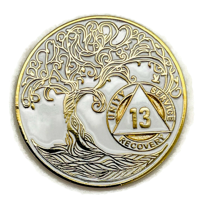 13 Year Sobriety Mint Twisted Tree of Life Gold Plated AA Recovery Medallion - Thirteen Year Chip/Coin - White + Velvet Case