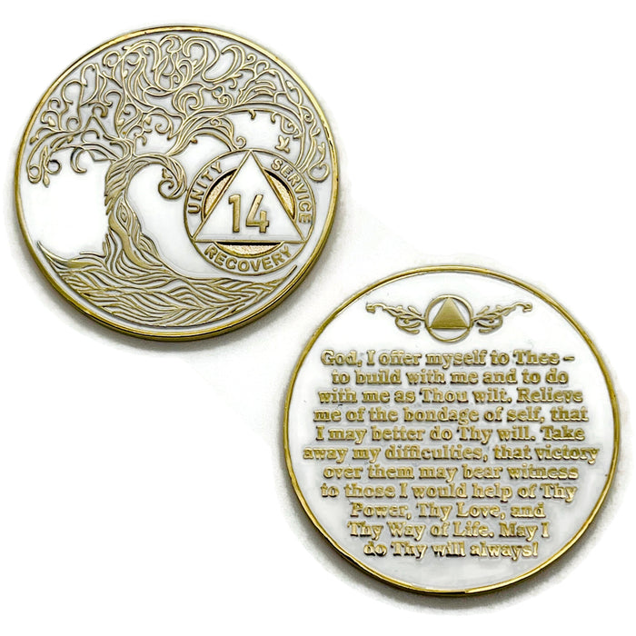 14 Year Sobriety Mint Twisted Tree of Life Gold Plated AA Recovery Medallion - Fourteen Year Chip/Coin - White + Velvet Case