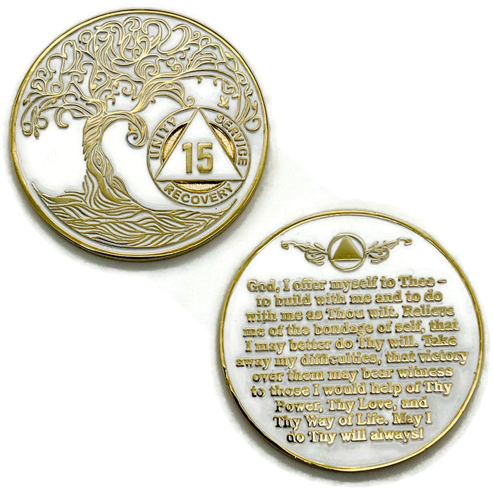 15 Year Sobriety Mint Twisted Tree of Life Gold Plated AA Recovery Medallion - Fifteen Year Chip/Coin - White + Velvet Case