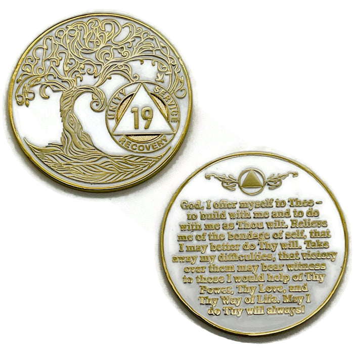 19 Year Sobriety Mint Twisted Tree of Life Gold Plated AA Recovery Medallion - Nineteen Year Chip/Coin - White + Velvet Case