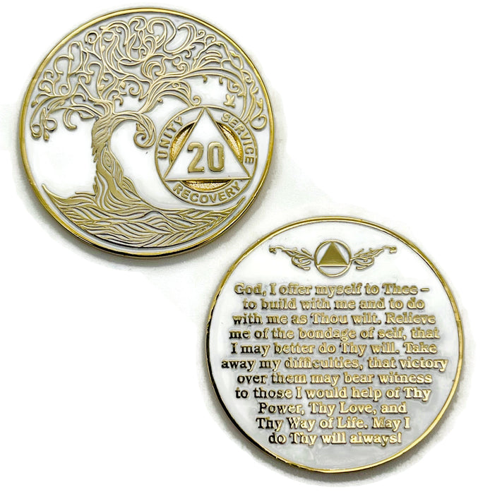 20 Year Sobriety Mint Twisted Tree of Life Gold Plated AA Recovery Medallion - Twenty Year Chip/Coin - White + Velvet Case