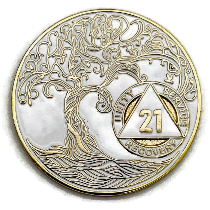 21 Year Sobriety Mint Twisted Tree of Life Gold Plated AA Recovery Medallion - Twenty One Year Chip/Coin - White + Velvet Case