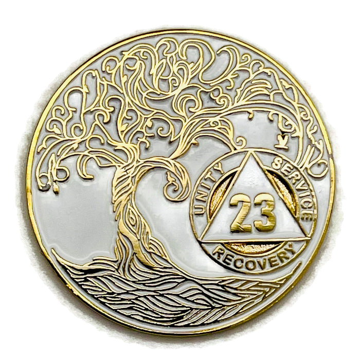 23 Year Sobriety Mint Twisted Tree of Life Gold Plated AA Recovery Medallion - Twenty Three Year Chip/Coin - White + Velvet Case