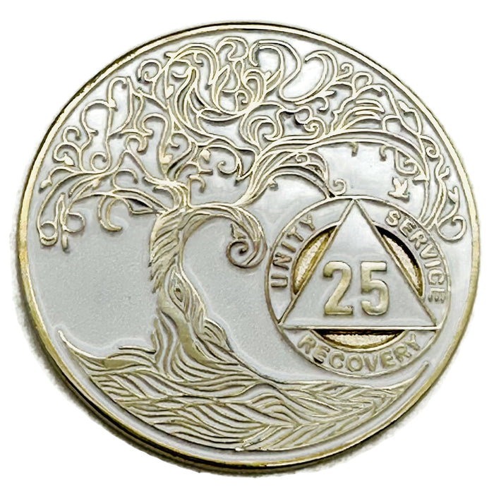 25 Year Sobriety Mint Twisted Tree of Life Gold Plated AA Recovery Medallion - Twenty Five Year Chip/Coin - White + Velvet Case