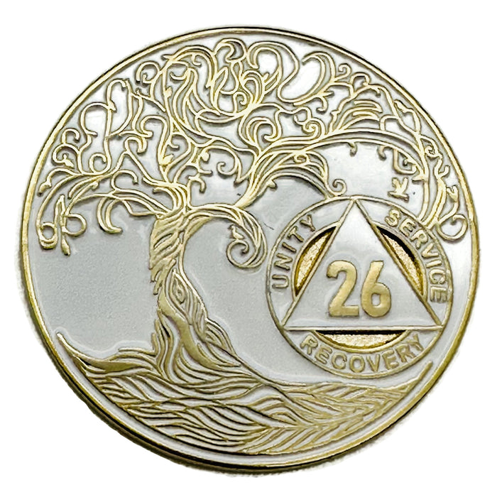 26 Year Sobriety Mint Twisted Tree of Life Gold Plated AA Recovery Medallion - Twenty Six Year Chip/Coin - White + Velvet Case