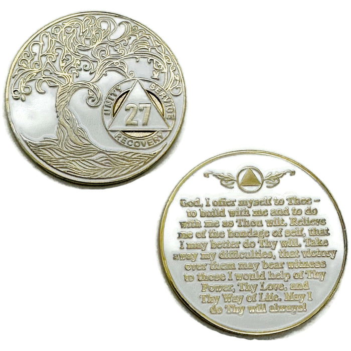 27 Year Sobriety Mint Twisted Tree of Life Gold Plated AA Recovery Medallion - Twenty Seven Year Chip/Coin - White + Velvet Case