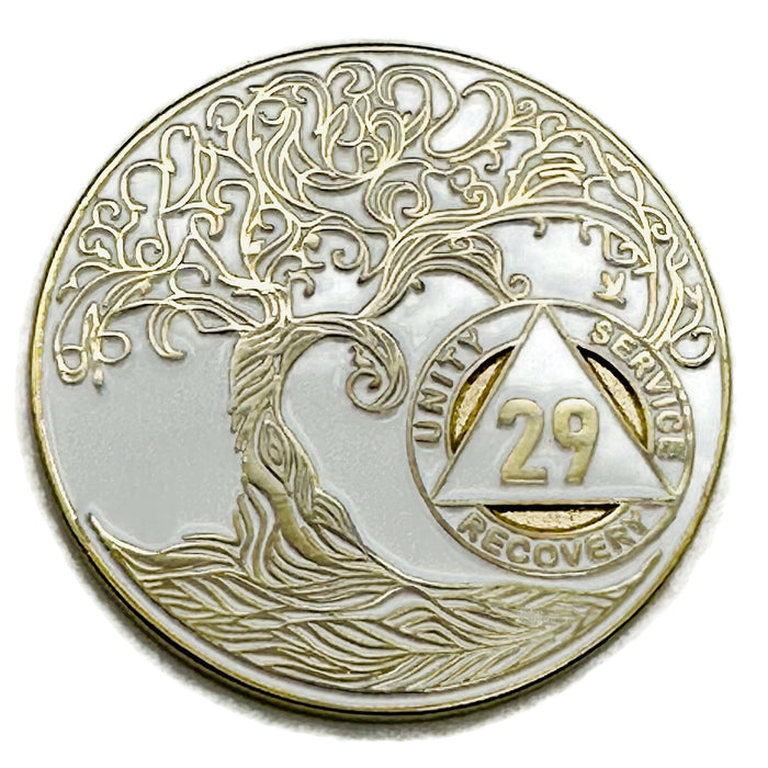 29 Year Sobriety Mint Twisted Tree of Life Gold Plated AA Recovery Medallion - Twenty Nine Year Chip/Coin - White + Velvet Case